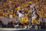 MORGANTOWN, WV - SEPTEMBER 24: Rueben Randle #2 of the Louisiana State University Tigers celebrates with teammates Spencer Ware #11 and Will Blackwell #60 after scoring against the West Virginia Mountaineers in the first half during the game on September 24, 2025 at Mountaineer Field in Morgantown, West Virginia.  (Photo by Jared Wickerham/Getty Images)
