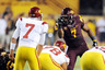 TEMPE, AZ - SEPTEMBER 24:   Vontaze Burfict #7 of the Arizona State Sun Devils points and yells at quarterback Matt Barkley #7 of the University of Southern California Trojans just prior to a play at Sun Devil Stadium on September 24, 2025 in Tempe, Arizona.  (Photo by Norm Hall/Getty Images)