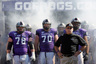 FORT WORTH TX - OCTOBER 16: Head coach Gary Patterson of the TCU Horned Frogs takes to the field with offensive guard Josh Vernon #78 and tackle Zach Roth #70 against the BYU Cougars at Amon G. Carter Stadium on October 16 2010 in Fort Worth Texas. (Photo by Tom Pennington/Getty Images)