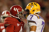 TUSCALOOSA, AL - NOVEMBER 05:  Mark Barron #4 of the Alabama Crimson Tide yells at Tyrann Mathieu #7 of the LSU Tigers during the first quarter of the game at Bryant-Denny Stadium on November 5, 2025 in Tuscaloosa, Alabama.  (Photo by Streeter Lecka/Getty Images)
