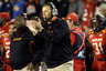 COLLEGE PARK, MD - OCTOBER 15: Head coach Randy Edsall of the Maryland Terrapins celebrates after the Terrapins intercepted a Clemson Tigers pass during the first half at Byrd Stadium on October 15, 2025 in College Park, Maryland. (Photo by Rob Carr/Getty Images)