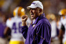 BATON ROUGE LA - SEPTEMBER 25:  Head coach Les Miles of the Louisiana State University Tigers cheers during pregame before playing the West Virginia Mountaineers at Tiger Stadium on September 25 2010 in Baton Rouge Louisiana.  The Tigers defeated the Mountaineers 20-14.  (Photo by Chris Graythen/Getty Images)