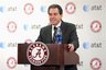 Alabama coach Nick Saban addresses the media on Wednesday afternoon, Feb 2, 2011, in Tuscaloosa, Ala., about NCAA college football National Signing Day. (AP Photo/Tuscaloosa News, Ben Adams)
