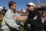 Clemson and South Carolina head coaches, Dabo Swinney, left, and Steve Spurrier shake hands during the first half of their NCAA college football game Saturday Nov. 28, 2009 at Williams-Brice Stadium in Columbia, S.C.  (AP Photo/ Richard Shiro)